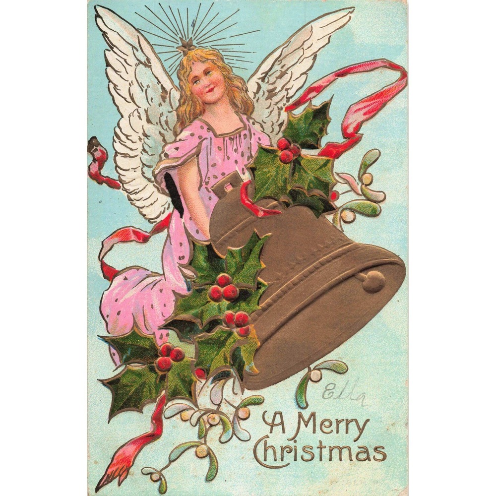 Antique Embossed Christmas Postcard Angel with Bell Holly Mistletoe VG - Picture 1 of 2